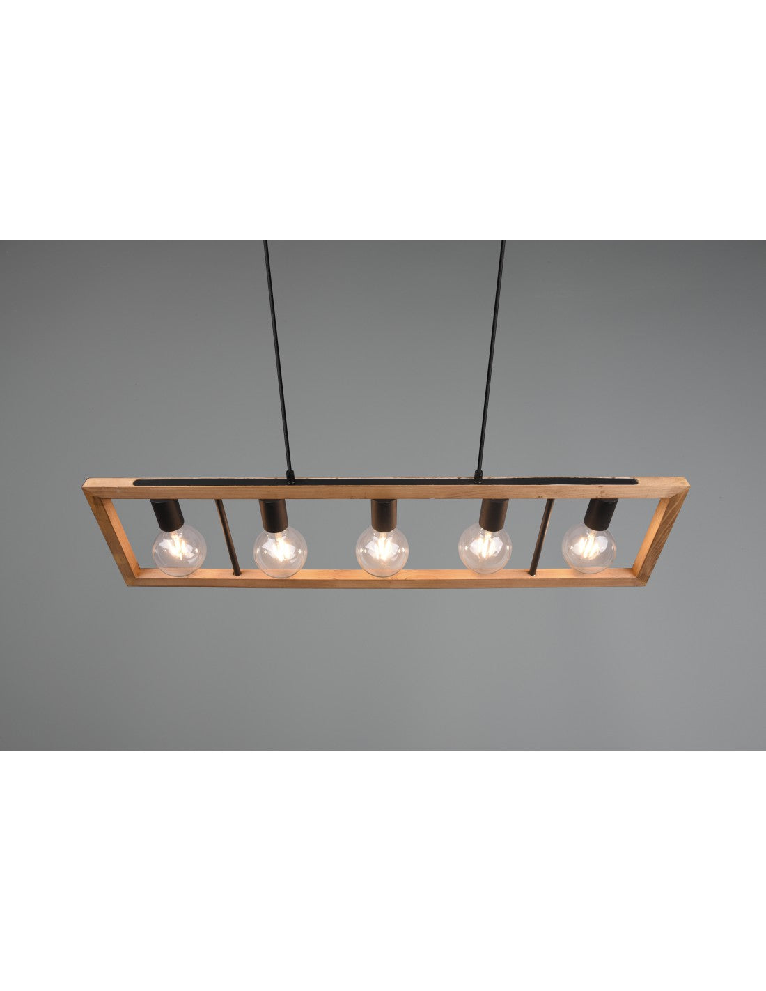 Kronleuchter Agra Käfig Rechteckiges Holz 5 Lichter Naturholz und schwarze Trio Beleuchtung