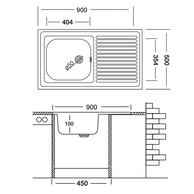 Lavello cucina vasca con gocciolatoio sx acciaio da appoggio 50x90 cm(N118SX) EFFEZ