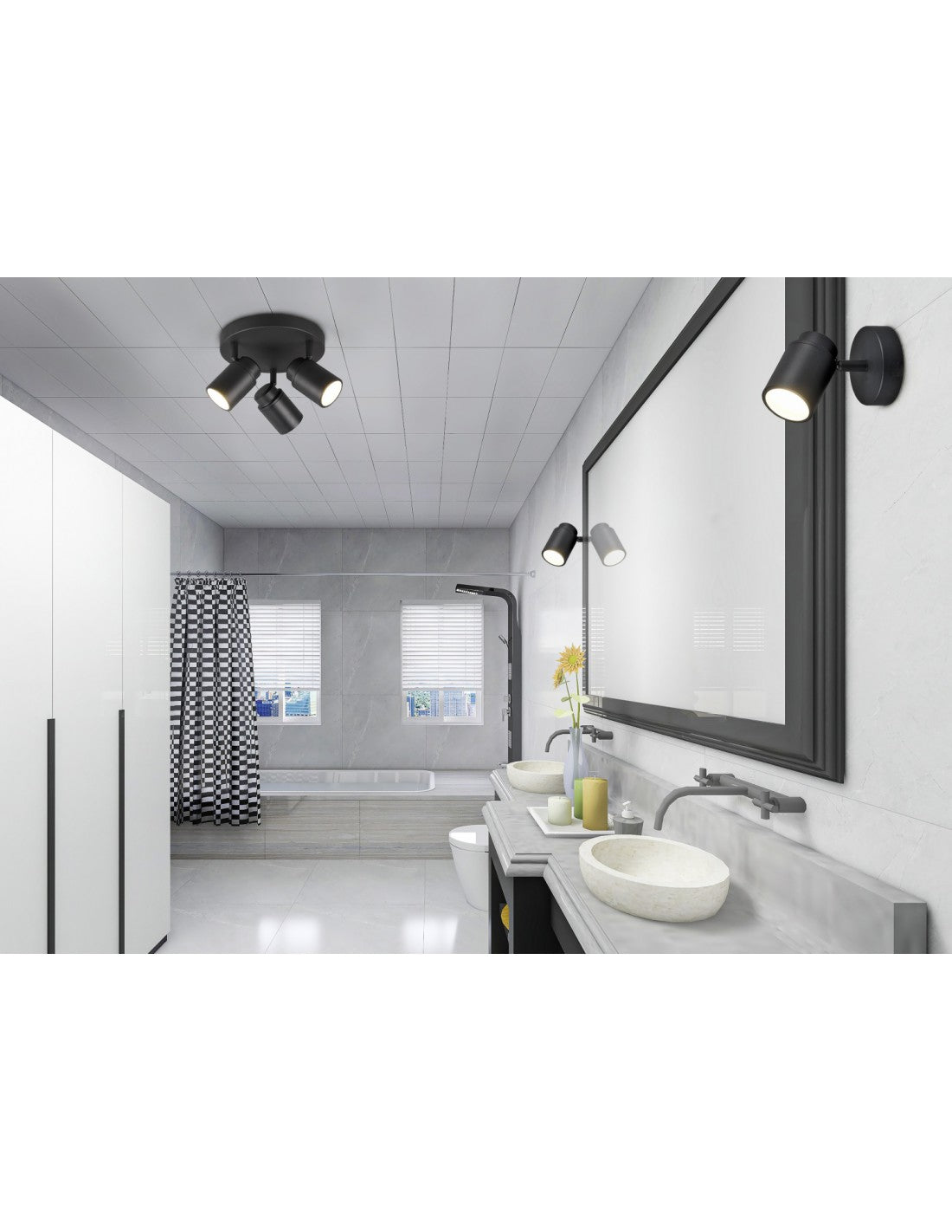 Runder Strahler, 3 verstellbare Spots, schwarzes Metall, Angelo Trio Lighting