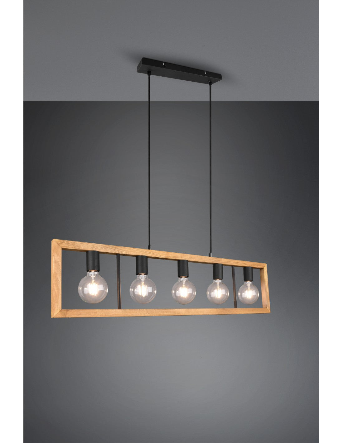 Kronleuchter Agra Käfig Rechteckiges Holz 5 Lichter Naturholz und schwarze Trio Beleuchtung