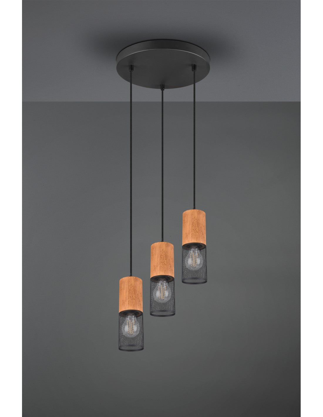 Tosh Pendelleuchte Schwarz 3xE27 Holz- und Metallkäfig Ø28 cm Trio-Beleuchtung