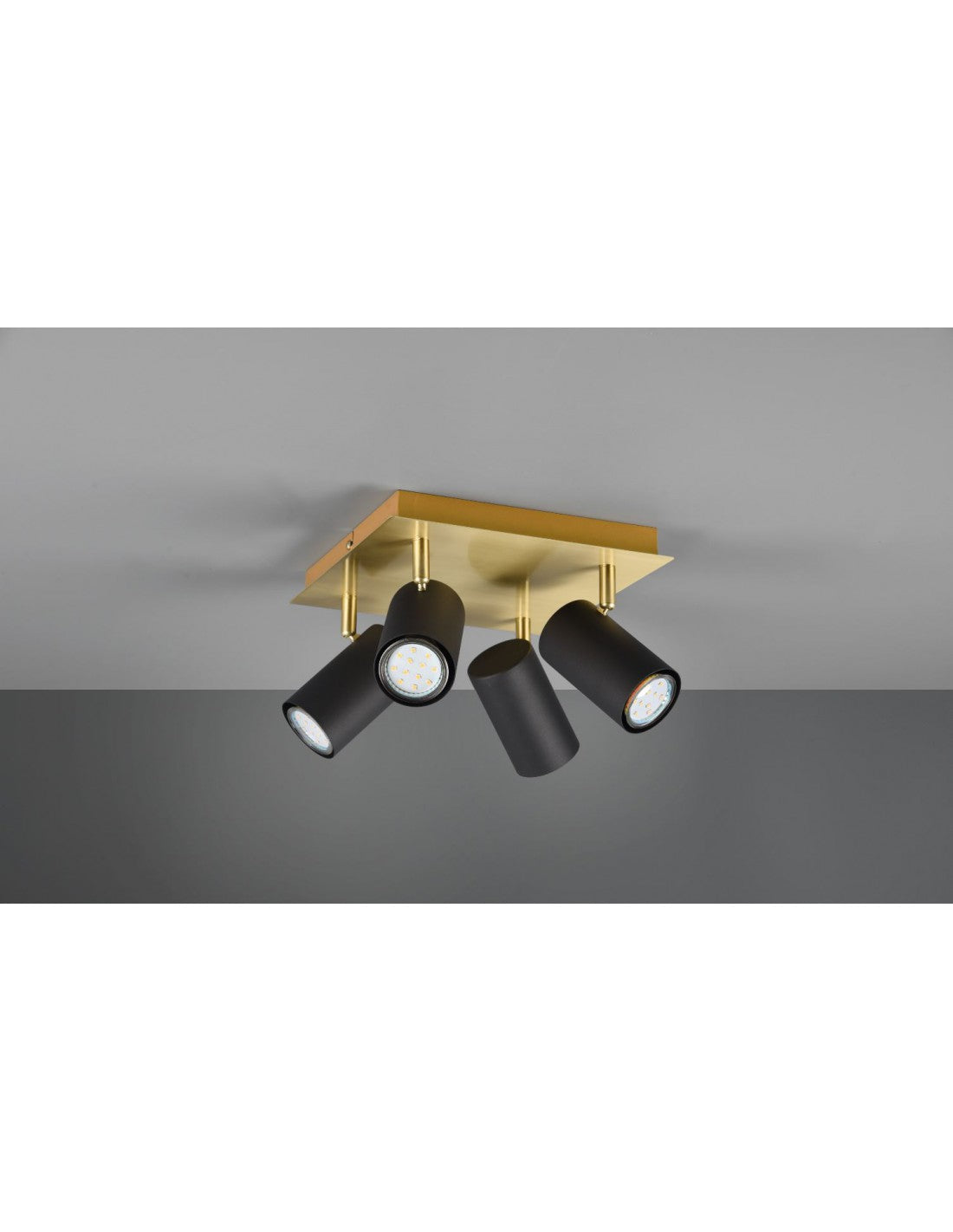 Marley Spotlight Gold Square Plate 4 verstellbare schwarze zylindrische Spots Trio Lighting