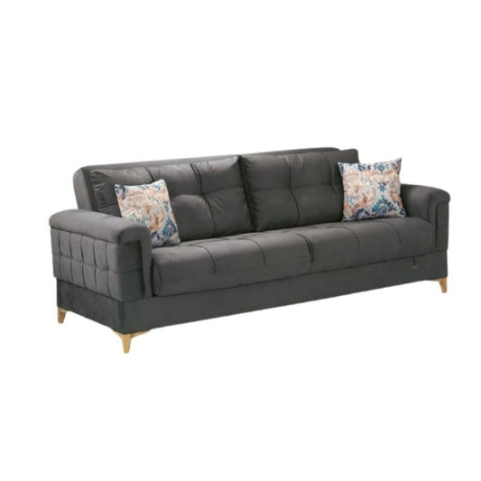 KEMER Dreisitzer-Schlafsofa mit Stauraum aus Holz und dunkelgrauem Stoff, 219 x 99 x 87 cm