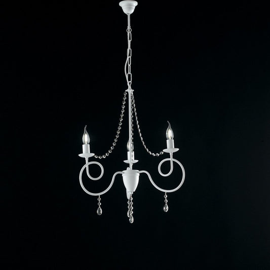 Kronleuchter aus weißem Eisen mit drei Lichtern, schäbiger Strassverzierung, 50 x H67 cm