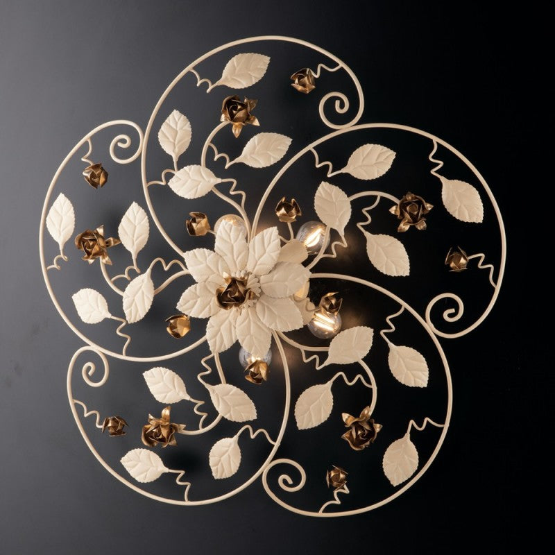 Elfenbein lackierte Deckenlampe aus Eisen mit goldener Dekoration 5 Lichter