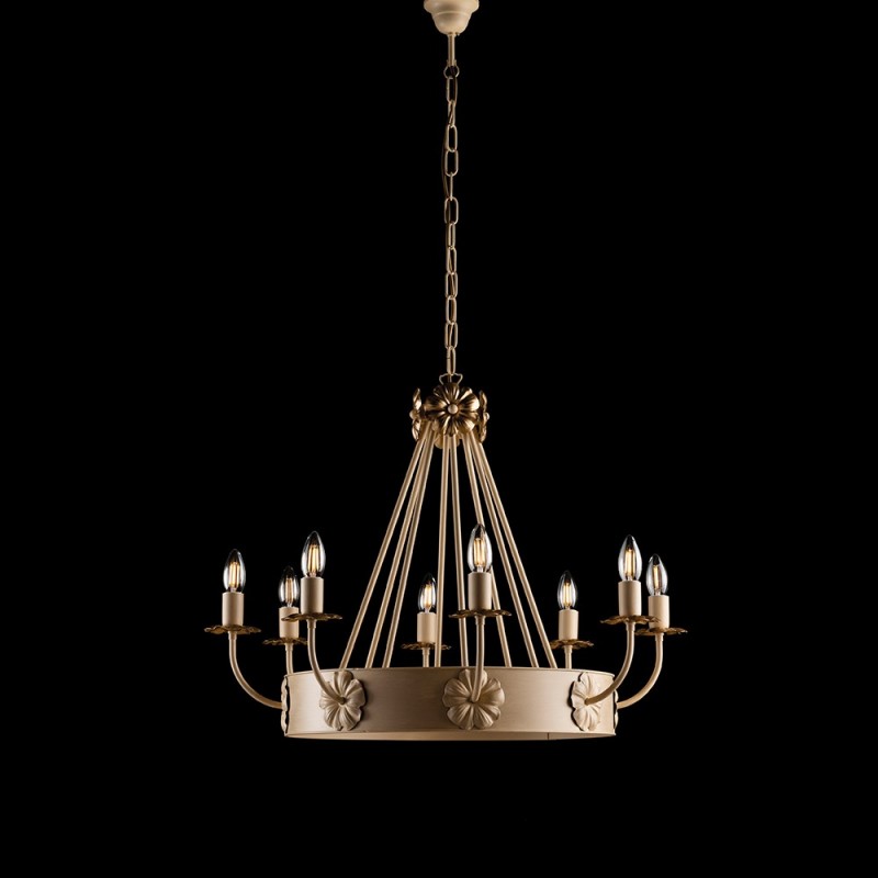 Elfenbeinfarbener Decape-Kronleuchter aus Eisen mit Empire-Gold-Finish, acht Lichter, 76 x H57 cm