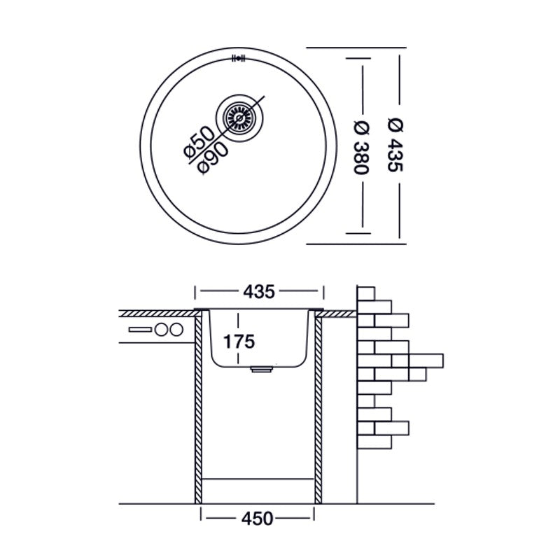 Küchenspülung aus Edelstahl mit Diam-Stahldraht. 43,5 cm