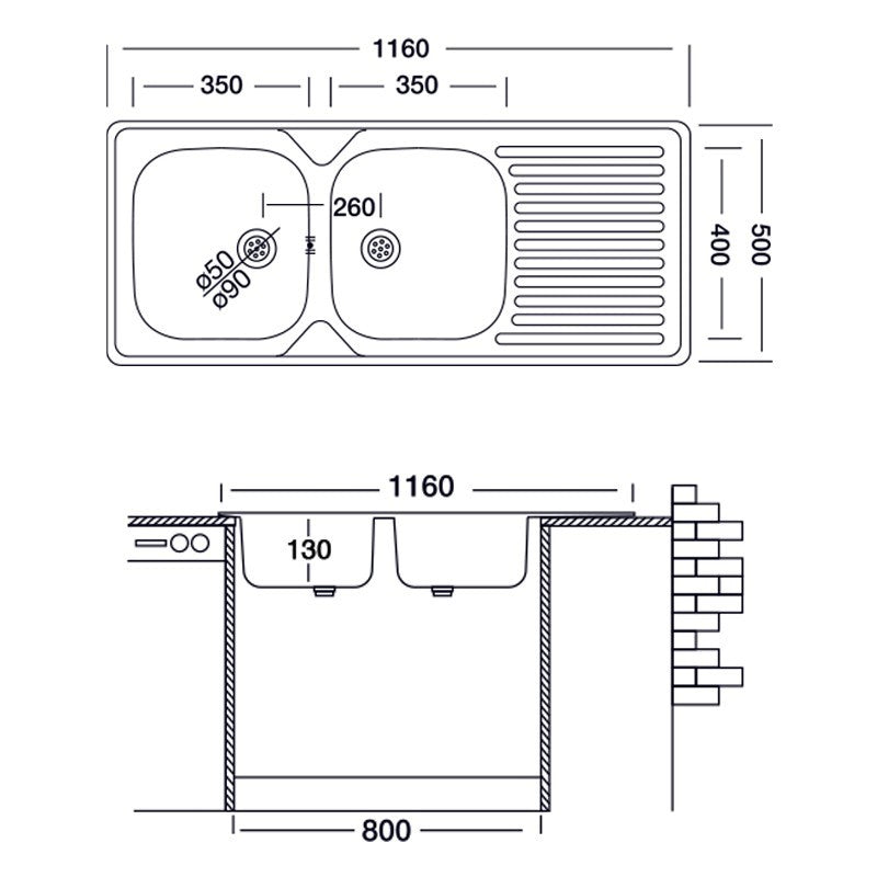 Waschbecken: zwei Gefäße aus Edelstahl mit Dx 50x116 cm