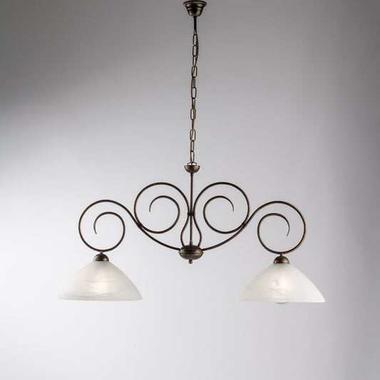 Kronleuchter aus goldbraunem Eisen, zwei Lichter, Lampenschirme aus weißem Alabasterglas, 99 x H52 cm