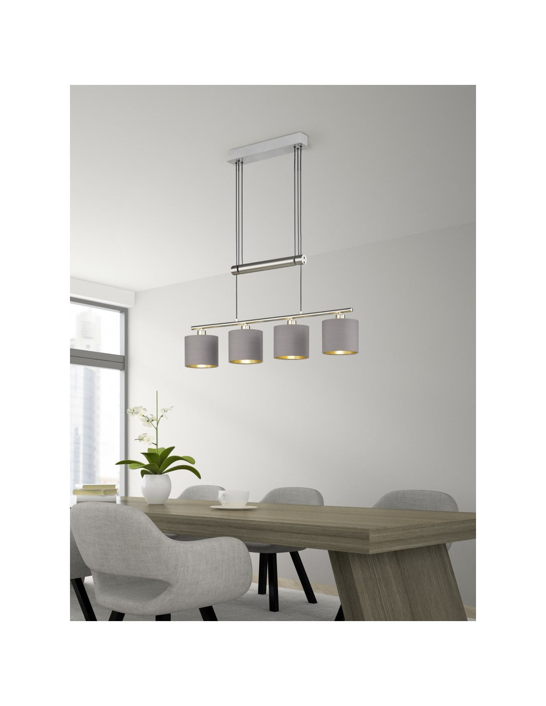 Garda Nichel Hängelampe 4 Lampenschirme aus taupe-goldenem Stoff L77 cm Trio Lighting