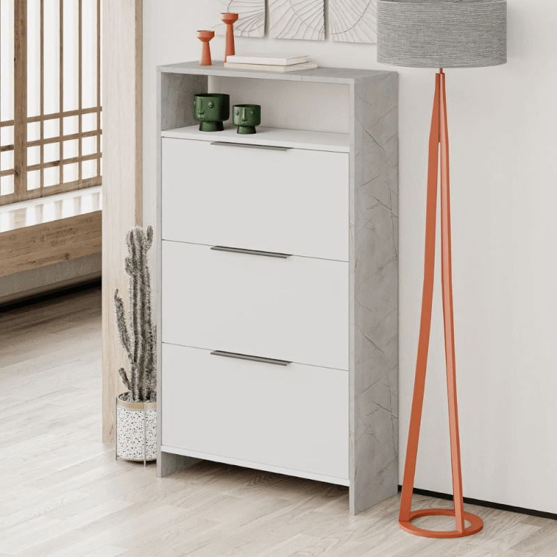 Kaju Schuhregal 3 Klappen Türen weiße und graue Marmoreffektstruktur