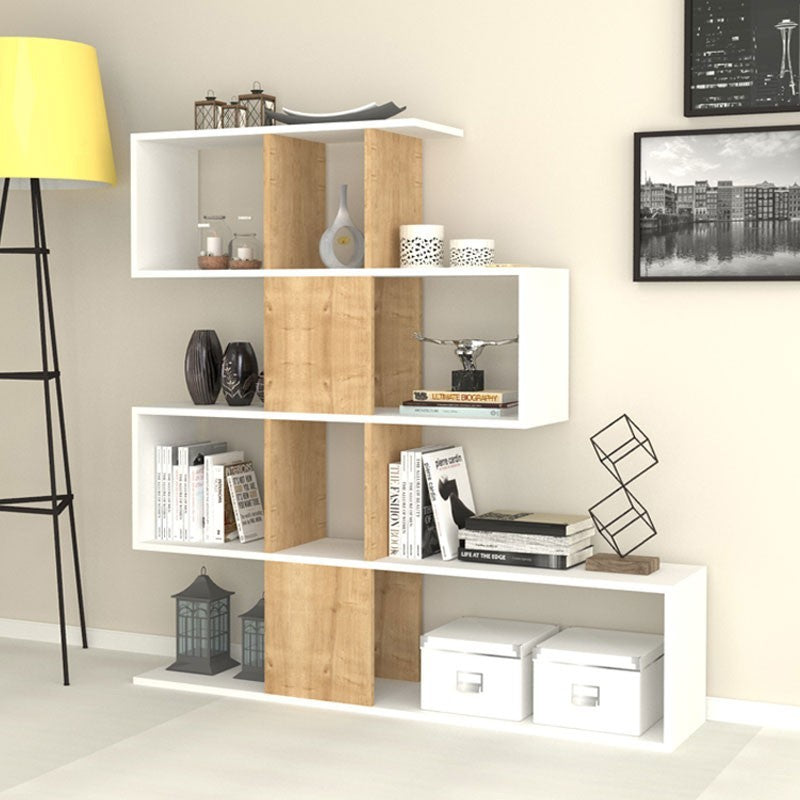 Regal Bücherregal 4 Ebenen 9 Fächer weiß und Eiche 145x29xh.145 cm
