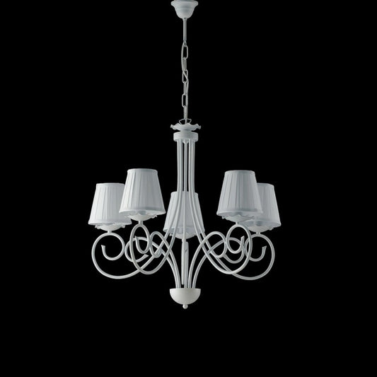 Shabby-Hängeleuchter aus Eisen mit weißen Lampenschirmen, fünf Lichter, 57 x H60 cm