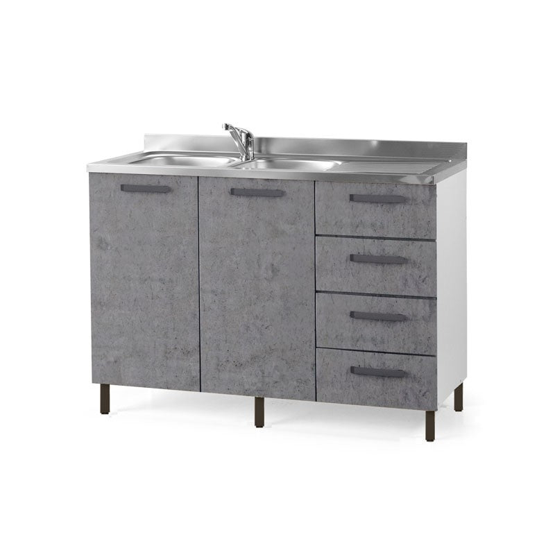 Betongraues Küchenunterbecken mit rechtem Schubladenelement 120x50xH 85 cm