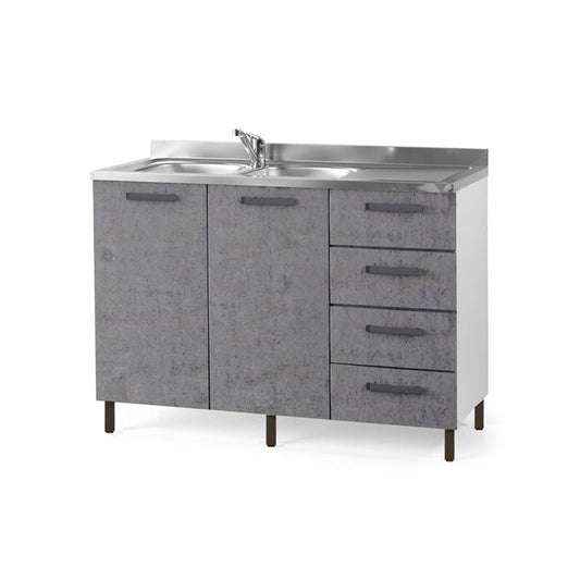 Betongraues Küchenunterbecken mit rechtem Schubladenelement 120x50xH 85 cm