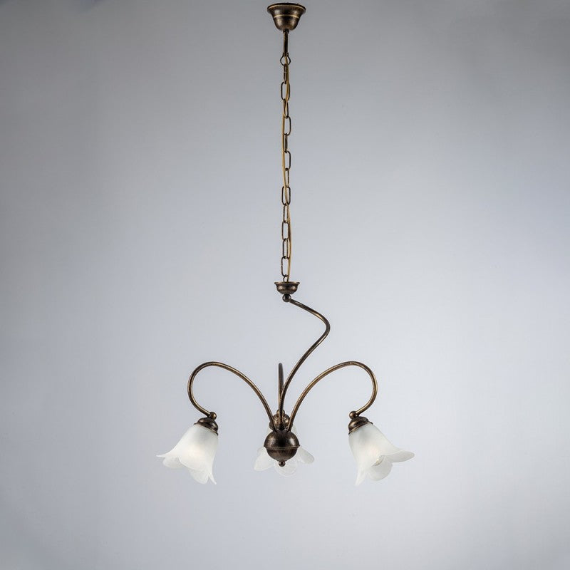 Hallenleuchter, Eisen, Braun, Gold, Lampenschirme aus weißem Glas, 50x H46 cm
