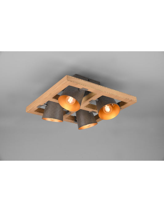 Quadratische Deckenleuchte mit 4 verstellbaren Spots aus Holz und vernickeltem Metall. Bell Trio Lighting