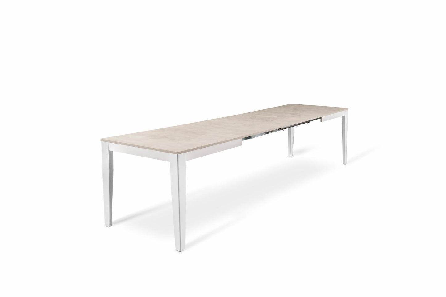 Ausziehbarer weißer Betontisch 80 cm x 130-290 cm H. 76 cm