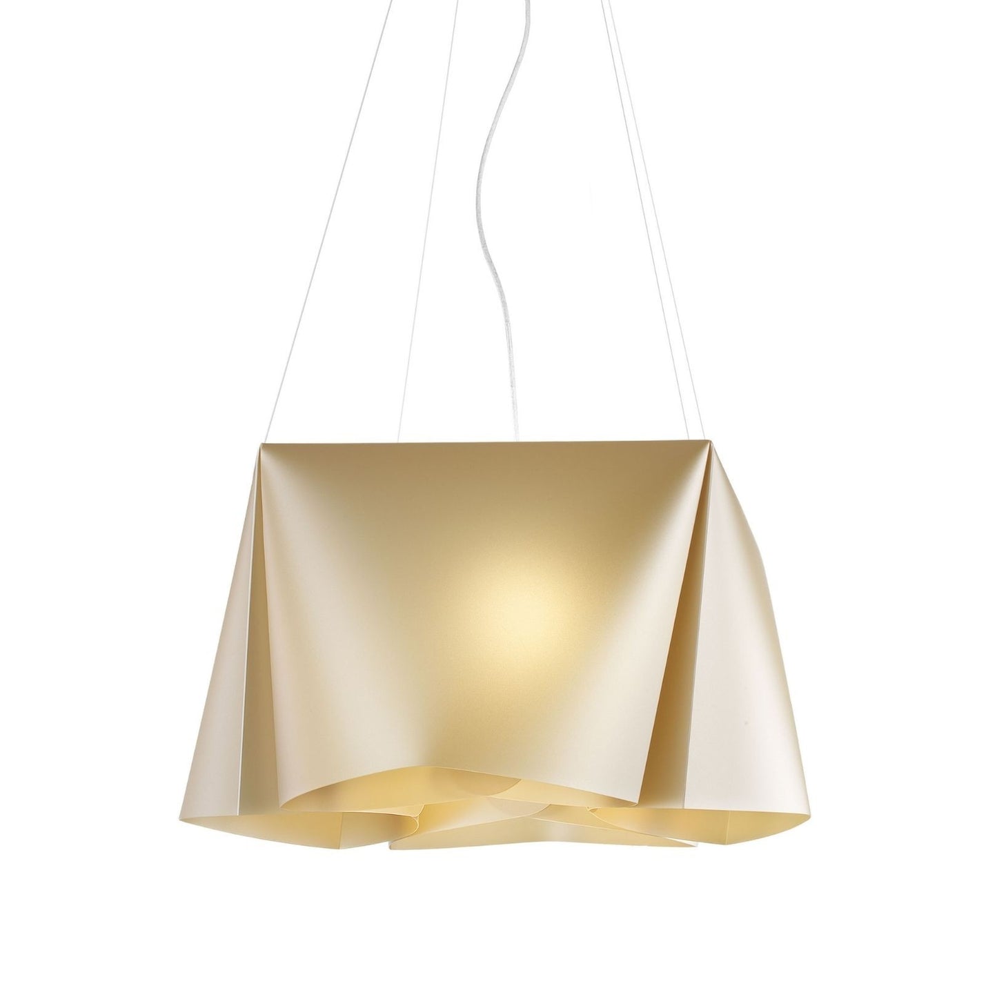 Neue goldene 3-Licht-Aufhängung aus verchromtem Metall cm. 59 x 31h