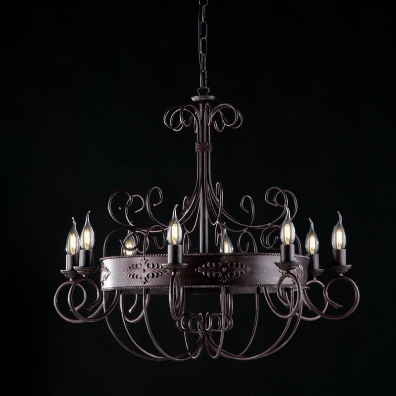 Schwarz lackierter Eisenkronleuchter mit Rostdekor, 8 Lichter, 76 cm