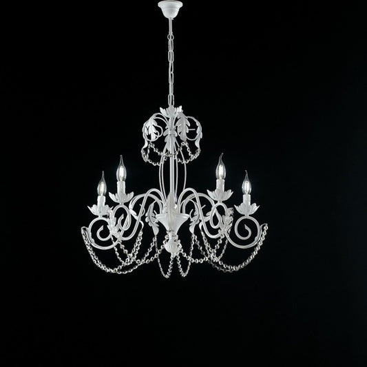 Weißer Shabby-Kronleuchter aus Eisen mit Damast-Strasssteinen, fünf Lichter, 63 x H65 cm