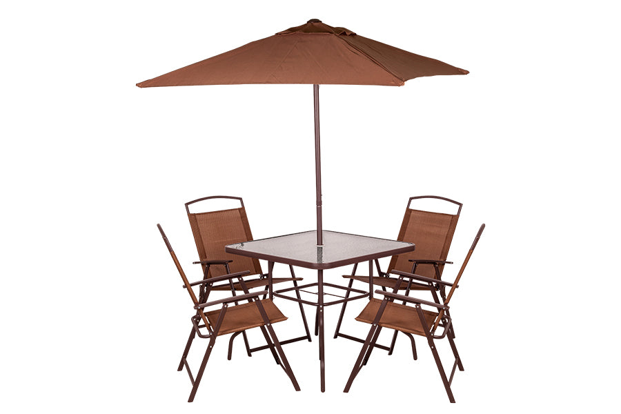 6-teiliges Set mit 4 Stühlen, Tisch und Sonnenschirm, Braun, 165 x 65 x 112 cm