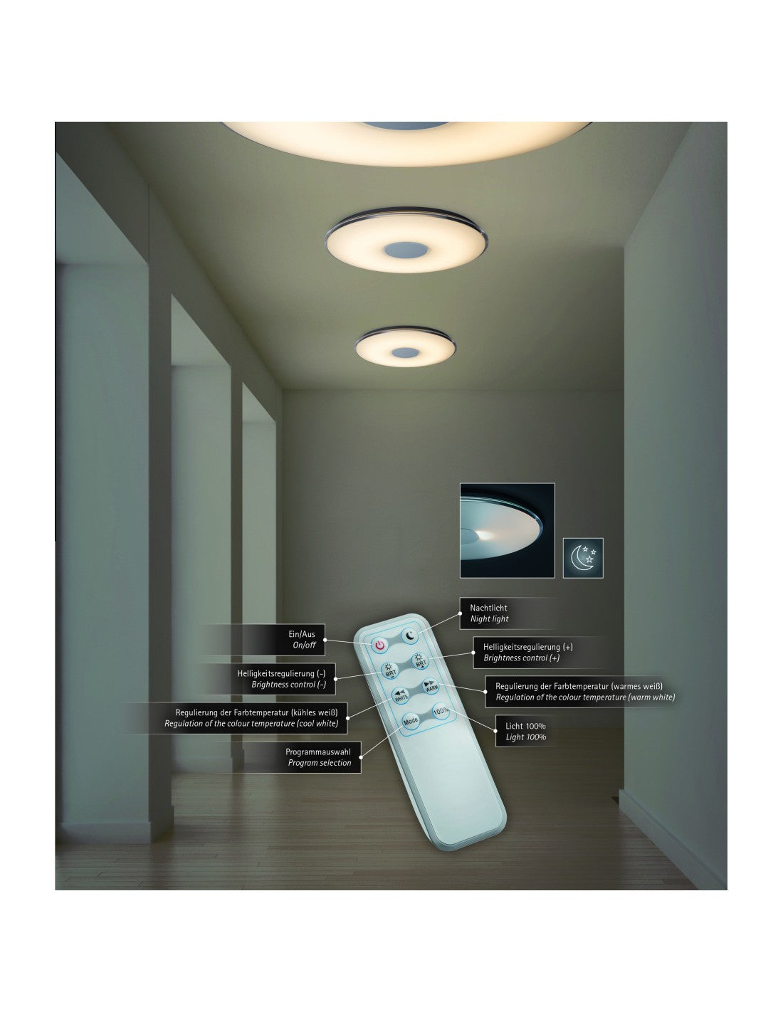 LED-Deckenleuchte Tokio, dimmbar, Nachtlichteffekt, Ø60 cm, weiß, Trio-Beleuchtung
