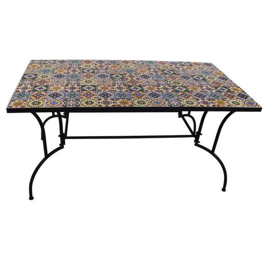 Metalltisch für den Außenbereich, 150 x 80 cm. mit Blumenmosaik-Dekoration