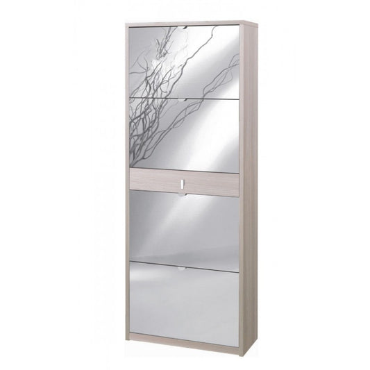 Schuhregal mit vier Spiegeltüren und einer Schublade in Light Olmo 63x29x h164 cm