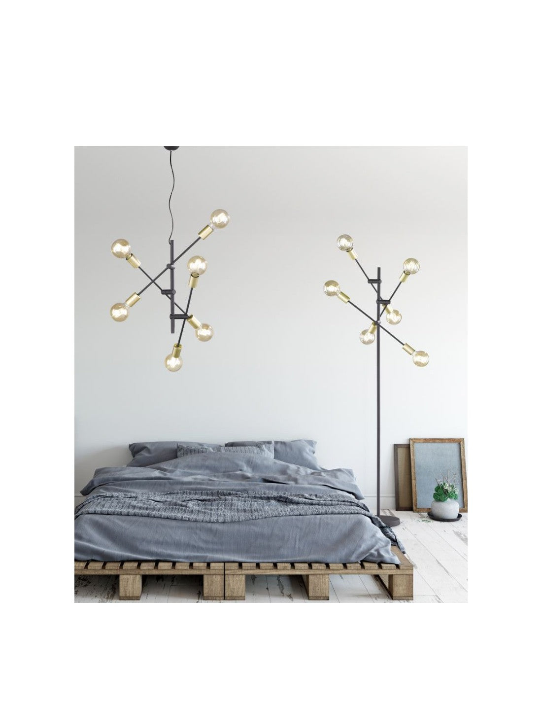 Minimale Stehlampe mit 6 verstellbaren Lichtern, Trio-Beleuchtung in Schwarz und Gold