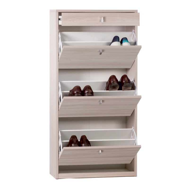 Schlankes, platzsparendes Schuhregal mit drei Türen und einer Schublade in Light Olmo 63x29x h127 cm