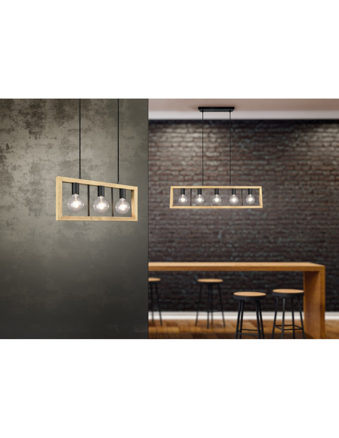 Kronleuchter Agra Käfig Rechteckiges Holz 5 Lichter Naturholz und schwarze Trio Beleuchtung