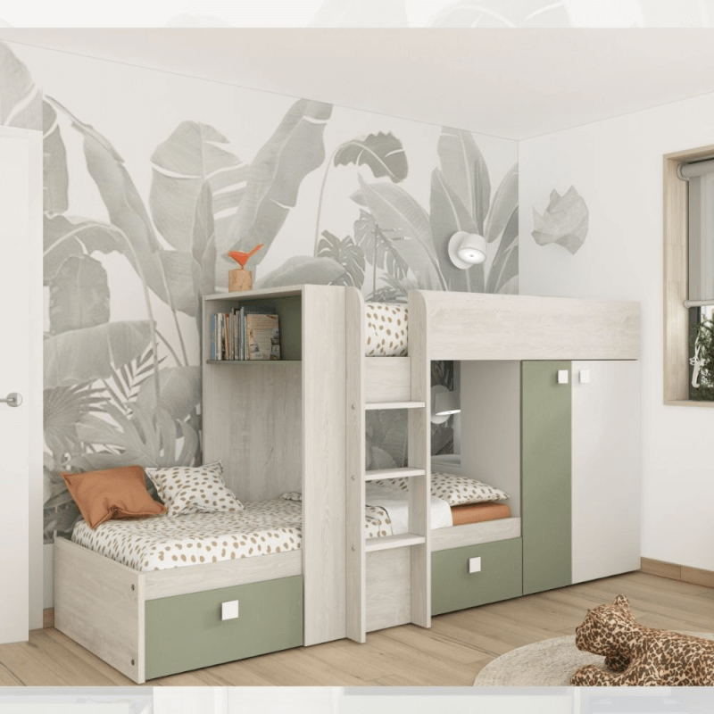 Letto a castello 1268 bianco vintage e verde con armadio e cassetti EFFEZ