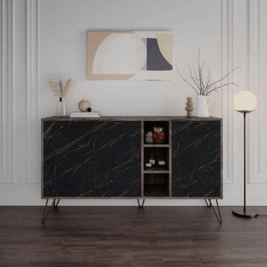 Clara Bendir dunkles Kaffee-Sideboard 3 Türen mit schwarzem Marmoreffekt 142x35,5x83h