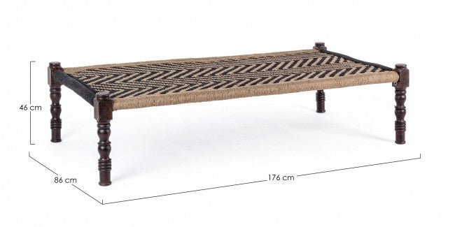 KHAT TAMIL Ethnische Bank aus schwarzem Holz, 176 x 86 x 46 cm