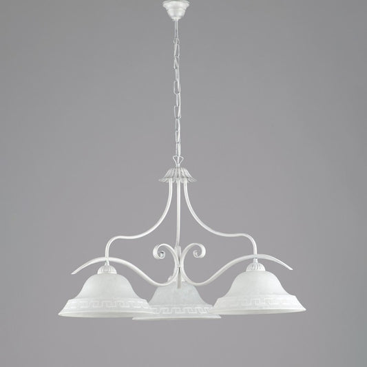 Klassischer Kronleuchter aus weiß-silbernem Eisen mit weißem Glas, drei Lichter, 30 x H53 cm