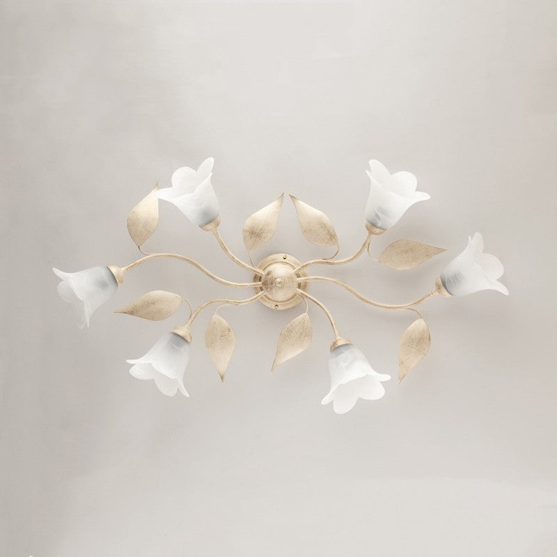 Eisen Deckenleuchte Ivory Gold sechs Leuchten Glas Alabaster Weiß 95x52x h20 cm