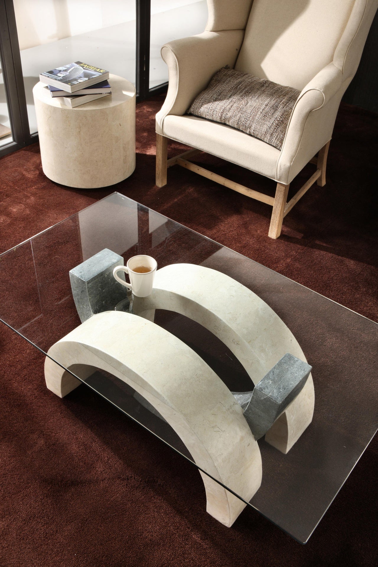 Transparent-beige-grauer Couchtisch 70 cm x 120 cm H. 41 cm