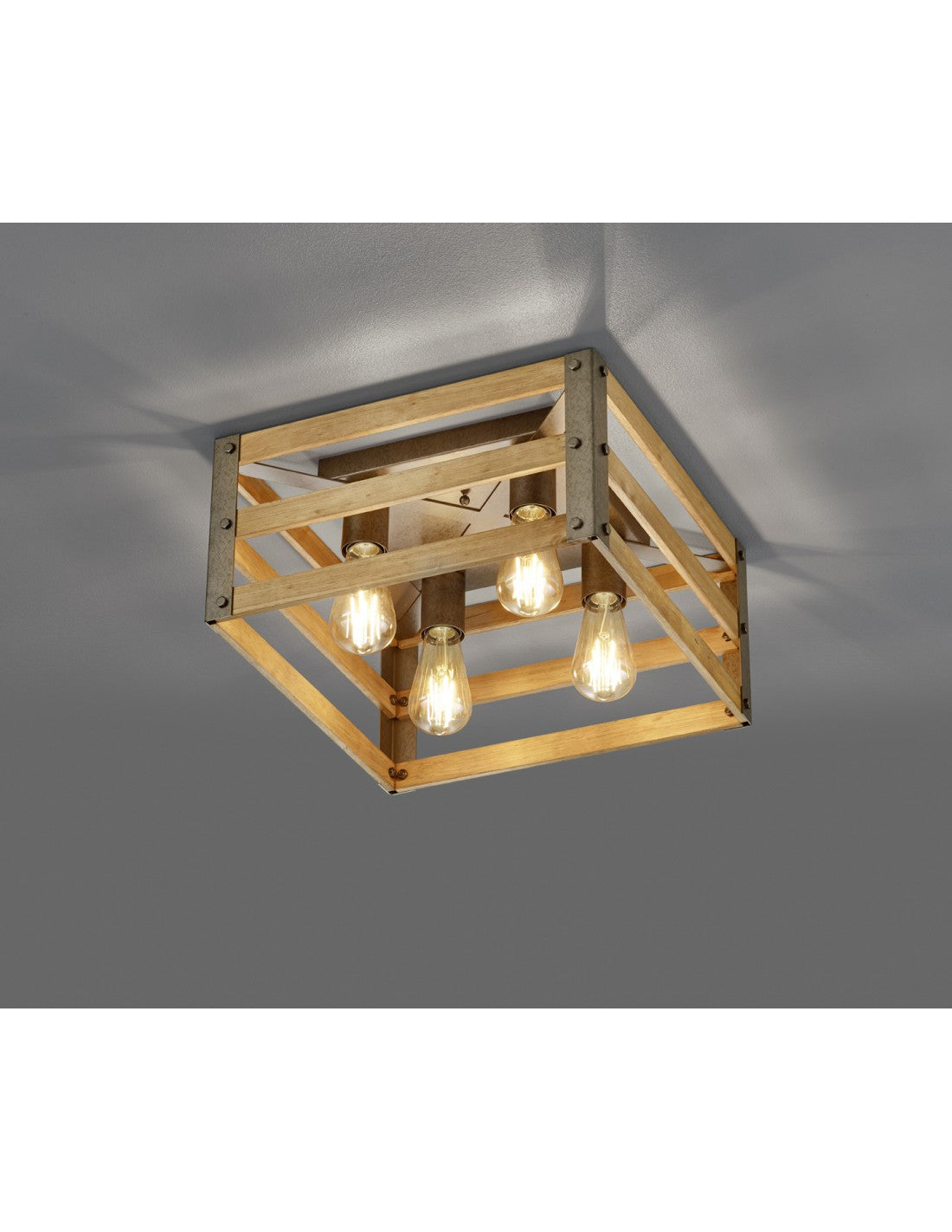 Rustikale Vintage Khan Deckenleuchte aus Naturholz, antikes Nickel, 40 x 40 cm, Trio-Beleuchtung