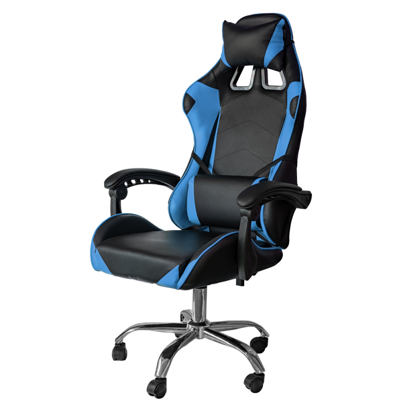 Liegender Büro-Gaming-Stuhl aus Öko-Leder in Blau und Schwarz, 64 x 53 x 123–133 cm