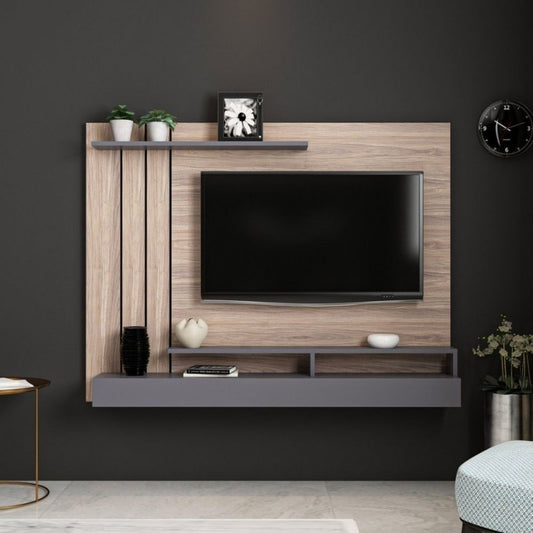 TV-Wandeinheit aus Walnussholz mit anthrazitfarbenen Details, 157 x 21 x H. 120 cm