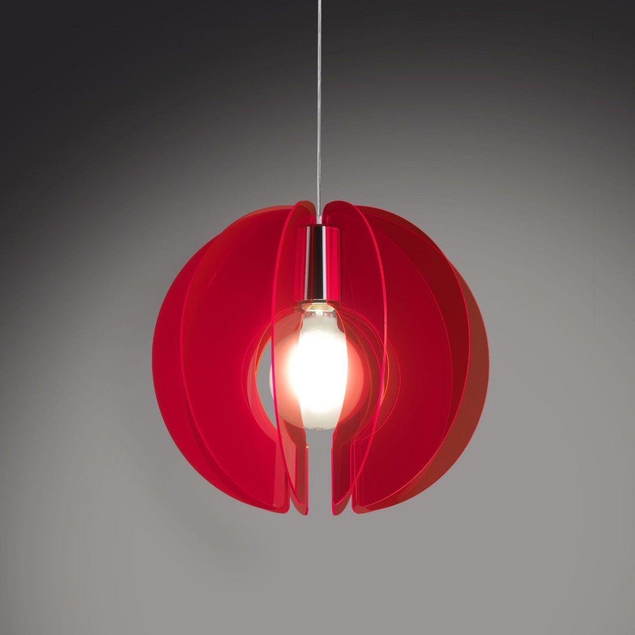Fluoreszierende rote Sirio-Aufhängung aus verchromtem Metall cm. 40 x 40 Std