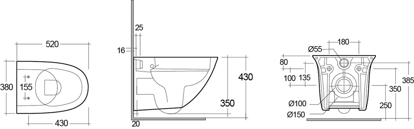 Wand-WC ohne Spülrand 52 cm mit verdeckter Befestigung