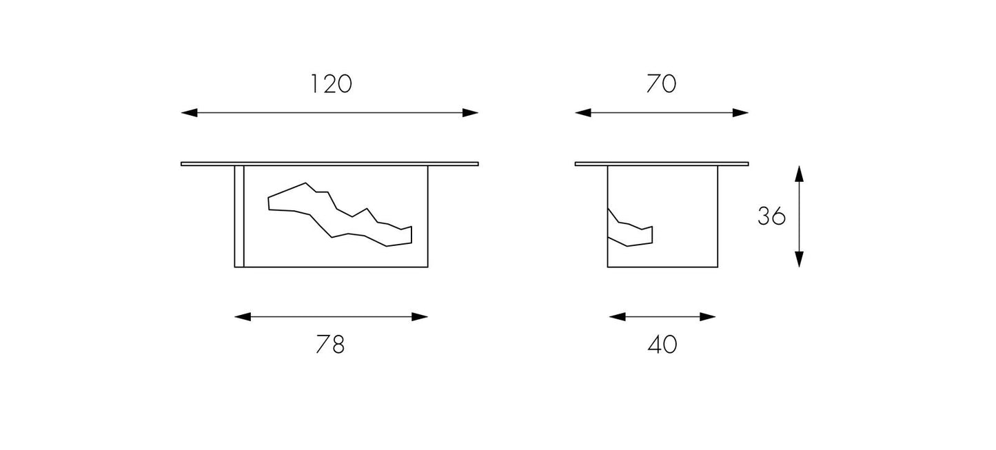 Transparent-grauer Couchtisch 70 cm x 120 cm H. 36 cm
