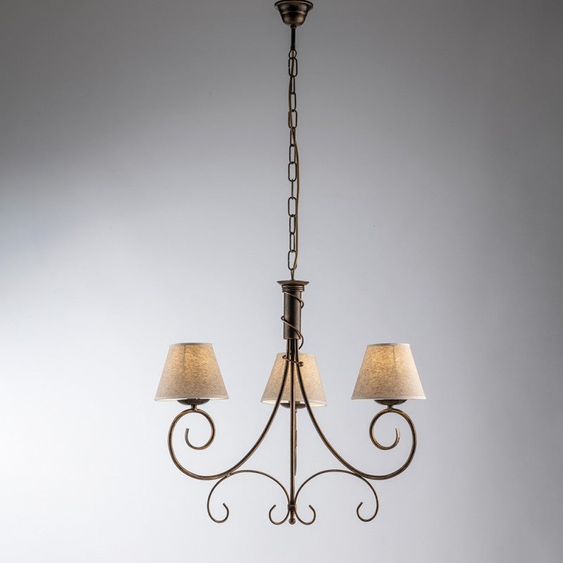 Wiener Kronleuchter aus Eisen, Braungold, dreiflammige Lampenschirme, 52 x 58 cm