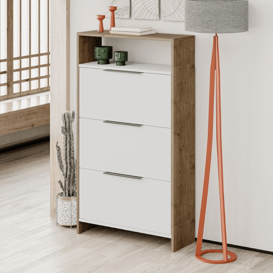 Kaju Schuhregal mit 3 weißen Falttüren und Walnussstruktur