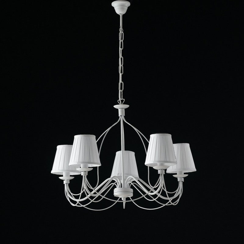 Weißer Shabby-Kronleuchter aus Eisen, fünf Lichter, weiße Lampenschirme, 69 x H45 cm