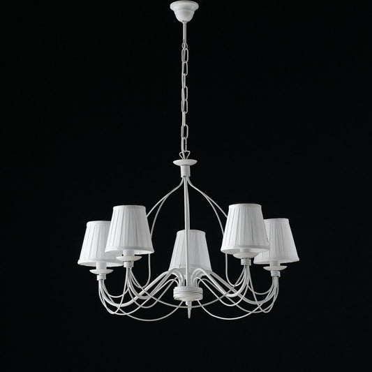 Weißer Shabby-Kronleuchter aus Eisen, fünf Lichter, weiße Lampenschirme, 69 x H45 cm