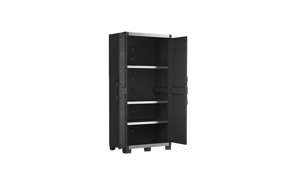 Hoher Kleiderschrank aus Kunststoff mit 4 verstärkten Einlegeböden 88x45x181H cm. schwarze Garage XL