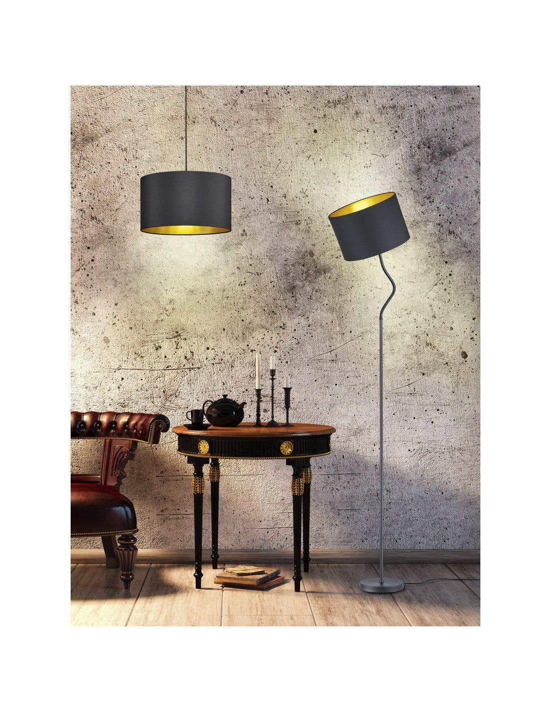Hostel Pendelleuchte Metall Schwarz-Gold H150 cm Ø40 cm Trio Lighting